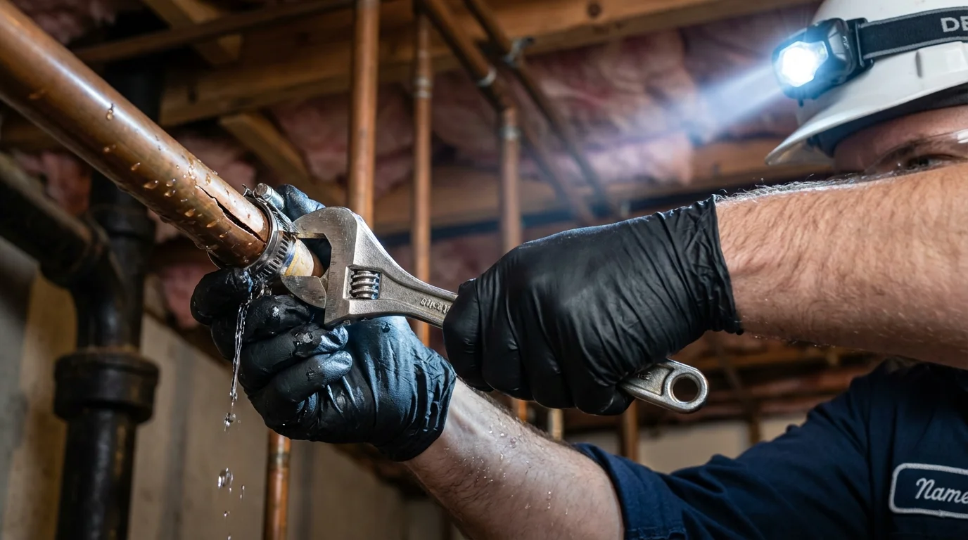 Emergency pipe clamp repair being performed by a Johns Plumbing LLC plumber in Broomfield