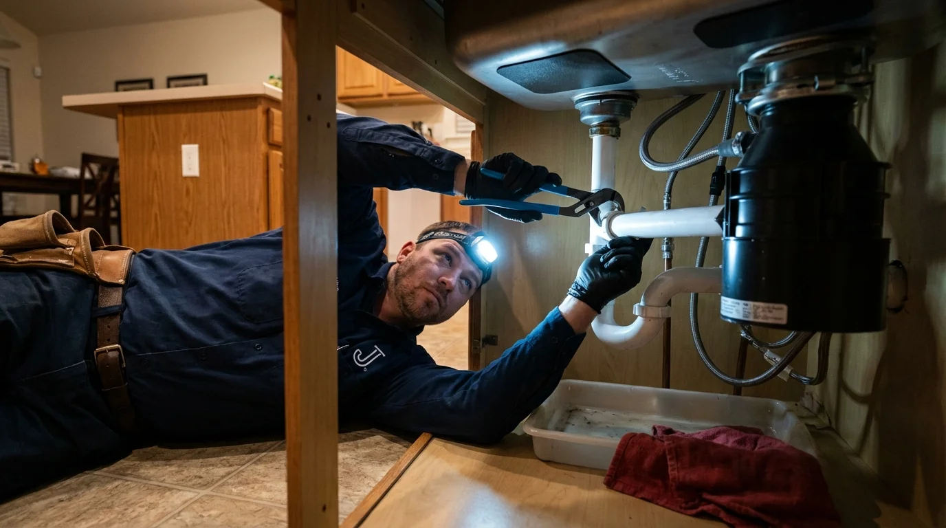 P-trap and supply line connections under a kitchen sink showing a common leak point in Broomfield, CO
